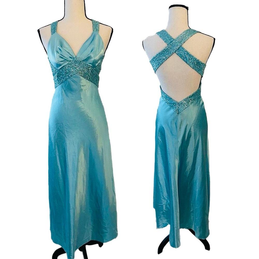 Jessica McClintock Satin Sequin Gown | Aqua Blue Vintage